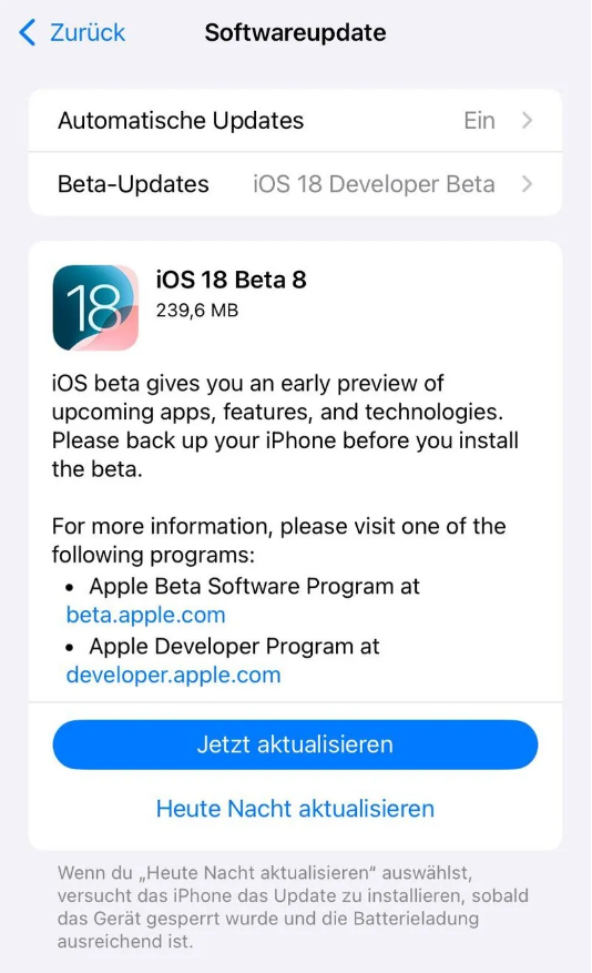 长城区苹果手机维修分享苹果 iOS / iPadOS 18 开发者预览版 Beta 8 发布 